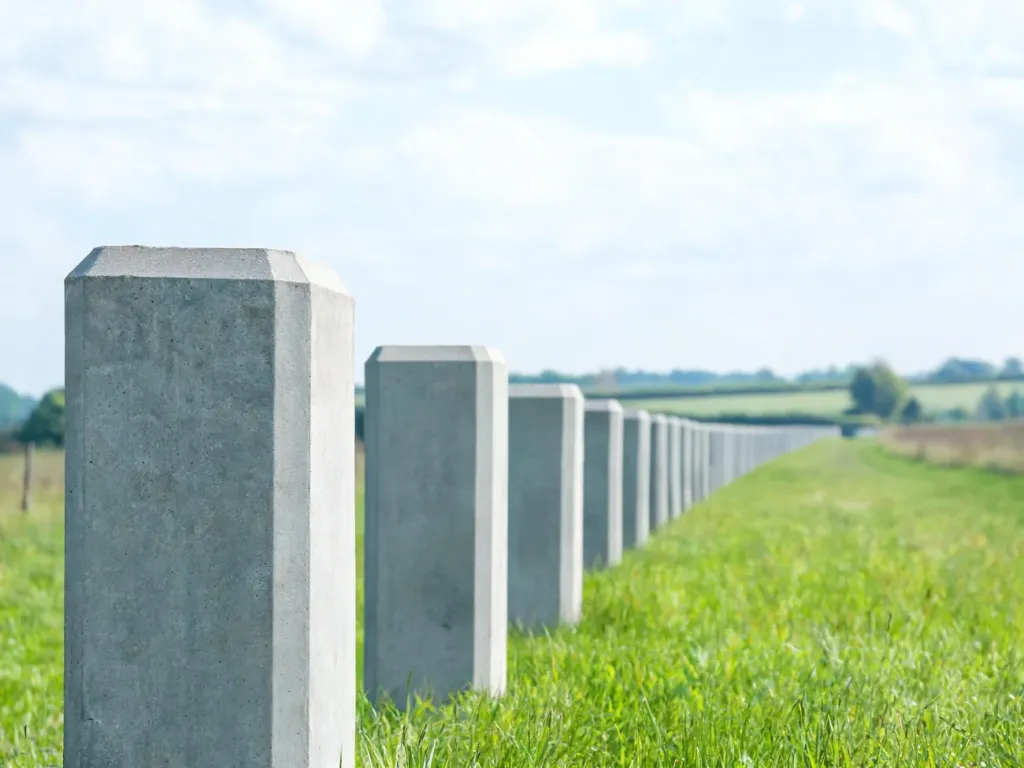 Szare słupki betonowe stojące w rzędzie na trawie, prezentujące ich prostą formę i zastosowanie w ogrodzeniach.
