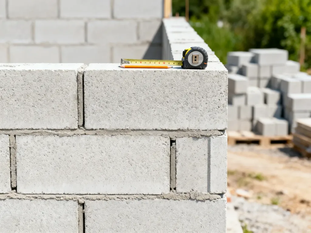 Częściowo wznoszona ściana z bloczków betonowych, taśma miernicza i ołówek pokazujące pomiar liczby bloczków na m²