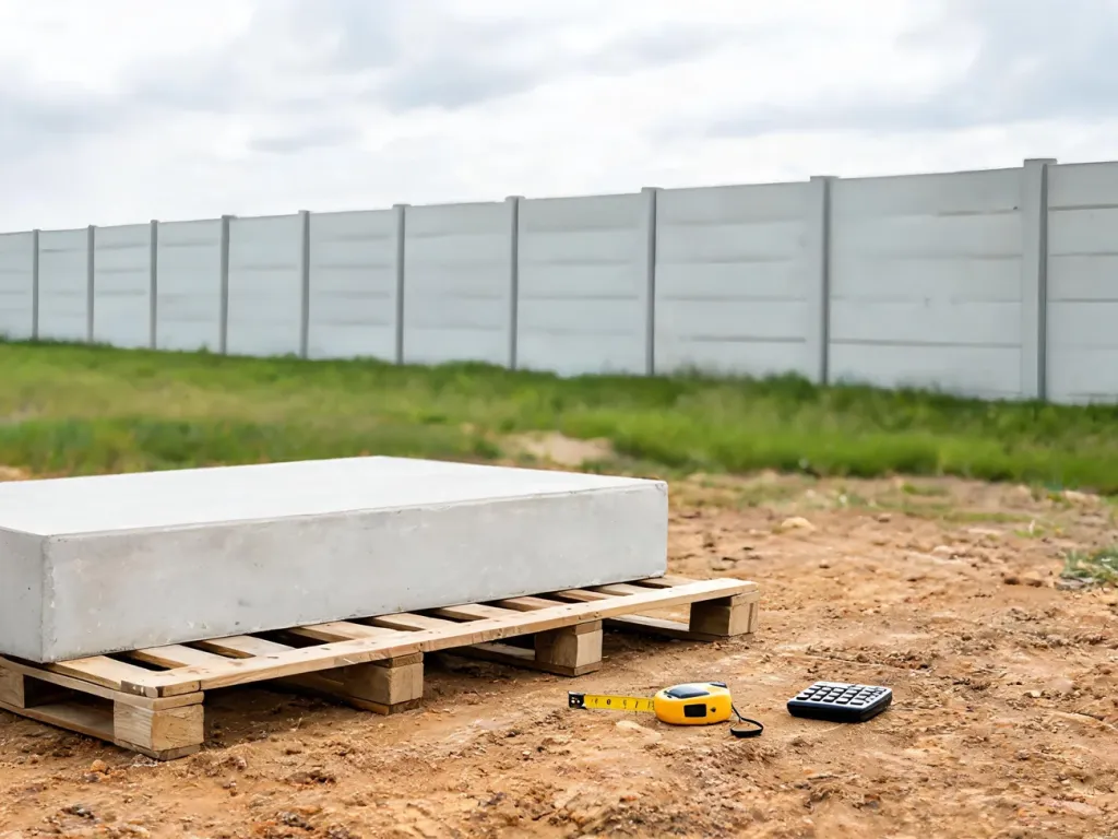 Podmurówka betonowa na palecie z miarką i kalkulatorem, ilustrująca obliczanie wagi i wymiarów fundamentu ogrodzenia