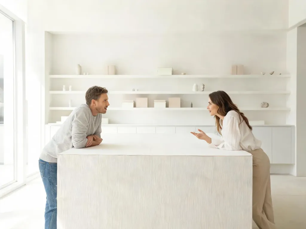 Minimalistyczny showroom z parą opartą o białą papierową ladę, podkreślający jej lekkość i nowoczesny charakter.