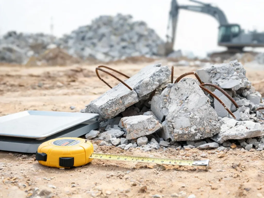 Mała sterta gruzu betonowego z miarką i wagą, ilustrująca pomiar wagi 1 m³ gruzu na placu budowy.