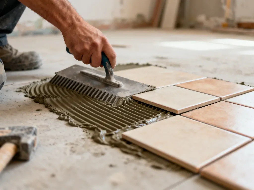 Ręka wykonawcy rozprowadza klej pod płytki pacą zębatą na podłodze, obok ułożone są już pierwsze płytki ceramiczne