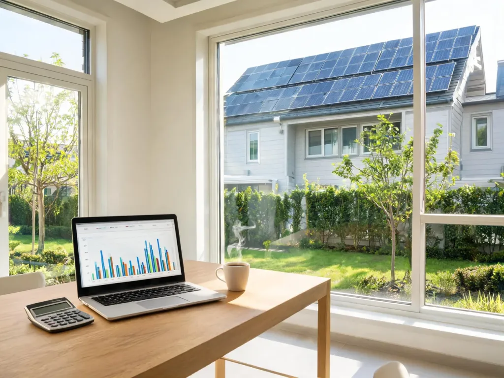 Nowoczesny dom energooszczędny, na biurku laptop z kolorowymi wykresami i kalkulatorem do obliczania zużycia energii