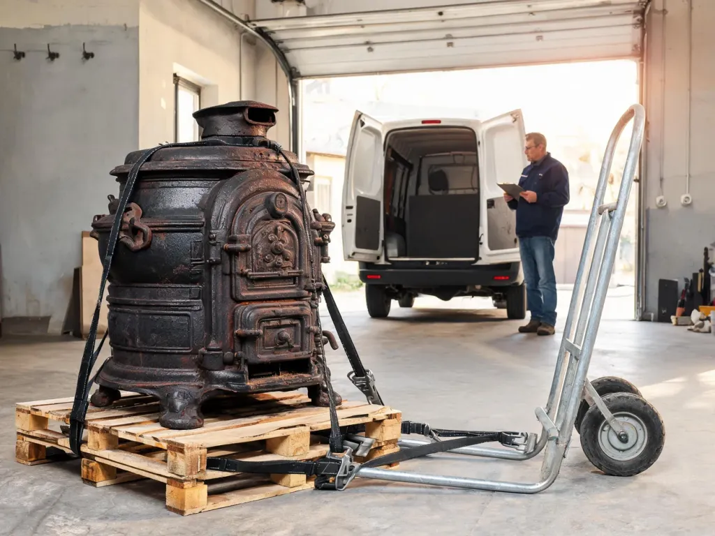 Ciężki żeliwny piec kopciuch zabezpieczony na palecie, obok wózek transportowy i dostawczak gotowy do załadunku.